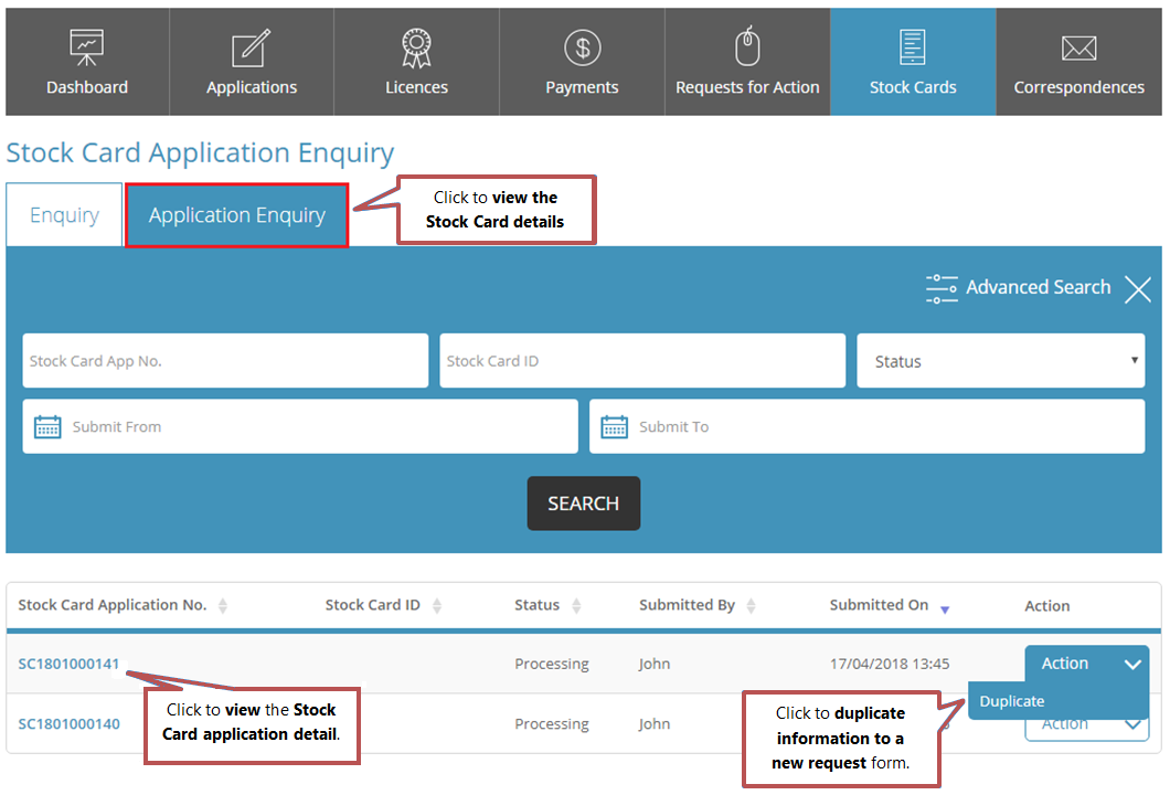 stock card application status